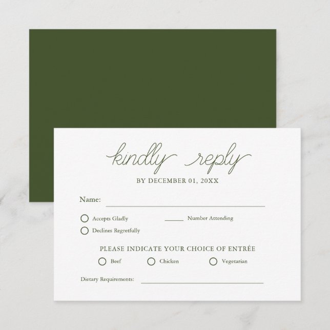 Elegant Minimalist Olive Green Wedding RSVP Card (Front/Back)