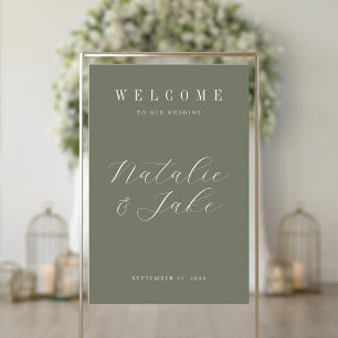 Elegant Minimalist Olive Green Wedding Welcome Acrylic Sign