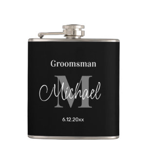 elegant minimalist personalised groomsman black hip flask