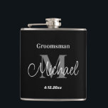 elegant minimalist personalised groomsman black hip flask<br><div class="desc">elegant minimalist personalised groomsman black and grey Flask</div>