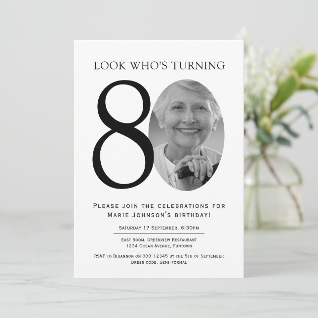 Elegant Minimalist Photo 80th Birthday Invitation (Standing Front)