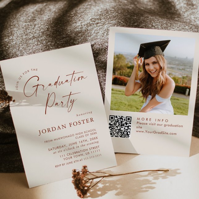 Elegant Minimalist PHOTO Graduation Party QR code Invitation (Creator Uploaded)