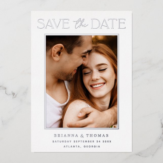 Elegant Minimalist Photo Silver Save the Date (Front)
