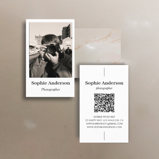 Elegant Minimalist Photographer QR Code Vertical Business Card (Creator Uploaded)
