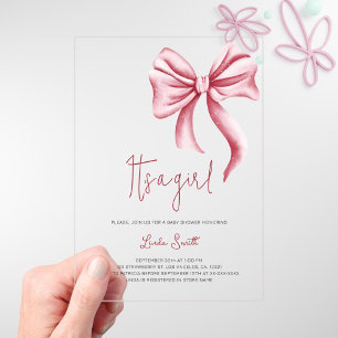 Elegant Minimalist Pink Bow Girl Baby Shower Acrylic Invitations