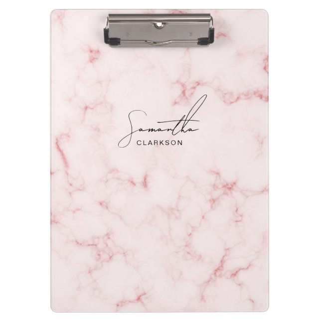 Elegant Minimalist Pink Marble Handwritten Script Clipboard (Front)