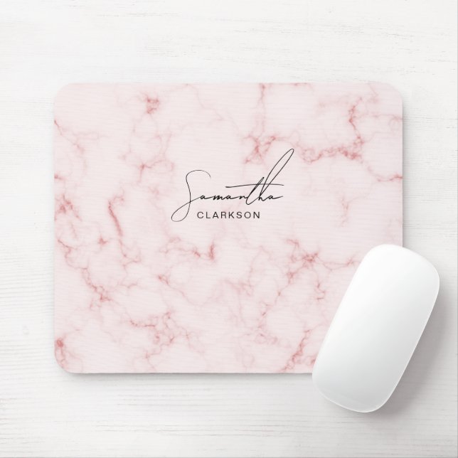 Elegant Minimalist Pink Marble Handwritten Script Mouse Pad (With Mouse)