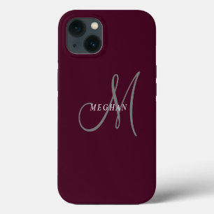 Elegant Minimalist Plain Burgundy Monogrammed iPhone 13 Case