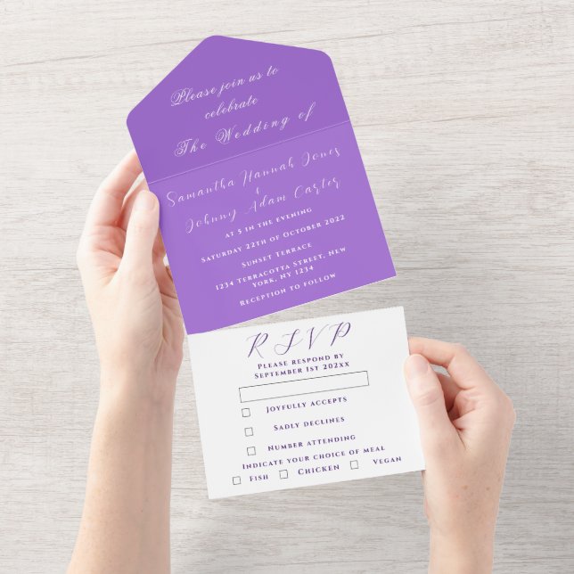 Elegant Minimalist Purple Script Wedding All In On One Invitation (Tearaway)