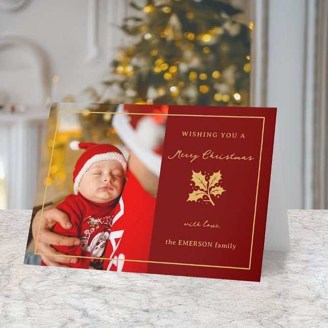 Elegant Minimalist Red/Gold Photo Holiday Card (Creator Uploaded)