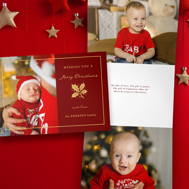Elegant Minimalist Red/Gold Photo Tri-Fold Holiday Card (Creator Uploaded)