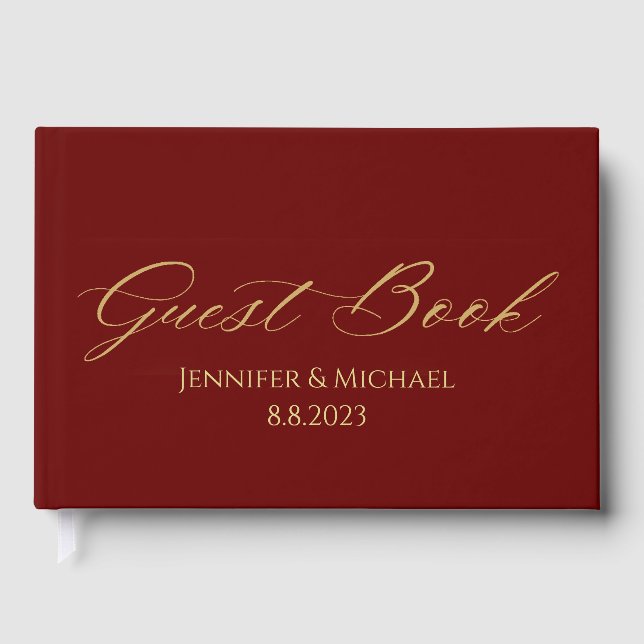 elegant minimalist red gold script wedding  guest book (Front)