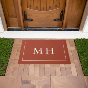 Elegant Minimalist Red Rust White Monogram Doormat