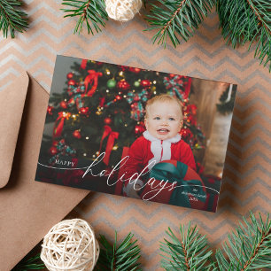 Elegant Minimalist Red Script Photo Holiday Card
