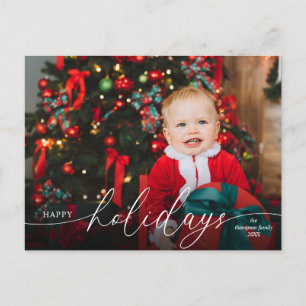 Elegant Minimalist Red Script Photo Holiday Postcard