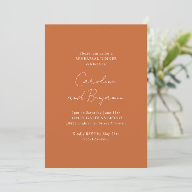 Elegant Minimalist Rehearsal Dinner Burnt Orange Invitation (Standing Front)