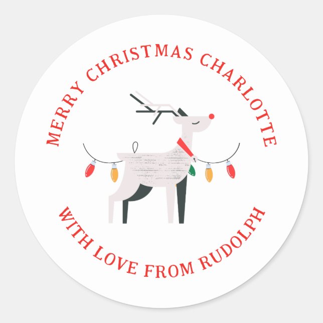 Elegant Minimalist Reindeer Christmas Family Name Classic Round Sticker (Front)