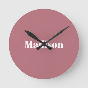 Elegant Minimalist Rose Gold White Name Round Clock
