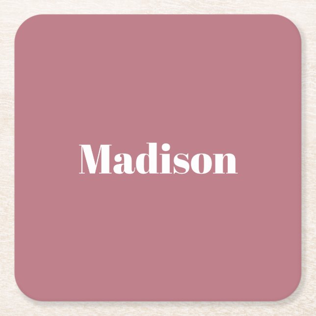 Elegant Minimalist Rose Gold White Name Square Paper Coaster (Front)