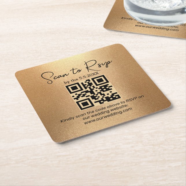 elegant minimalist rsvp qr code wedding golden square paper coaster (Angled)