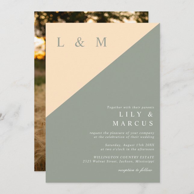 Elegant Minimalist Sage Green Cream Wedding Photo Invitation (Front/Back)