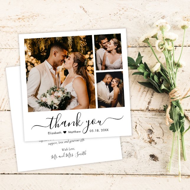 Elegant Minimalist Script 3 Photo Collage Wedding Thank You Card (Creator Uploaded)