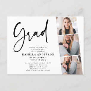 Elegant Minimalist Script 3 Photo Graduation  Invitation Postcard