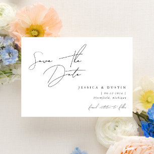 Elegant Minimalist Script Black and White Save The Date