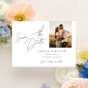 Elegant Minimalist Script Black and White Save The Date