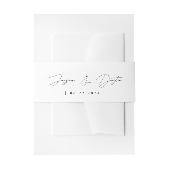 Elegant Minimalist Script Black and White Wedding Invitation Belly Band (Front Example)