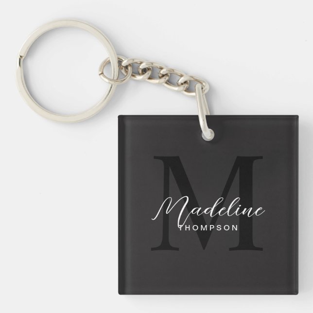 Elegant Minimalist Script Black Monogram Key Ring (Front)