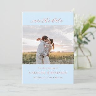 Elegant Minimalist Script Blue Orange Photo QR Save The Date