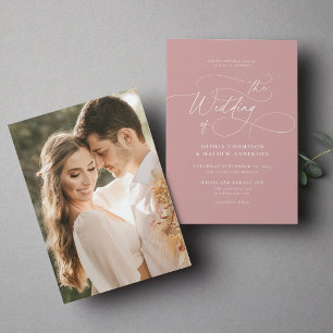 Elegant Minimalist Script Dusty Pink Photo Wedding Invitation