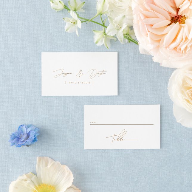 Elegant Minimalist Script Gold Wedding Place Card (Creator Uploaded)