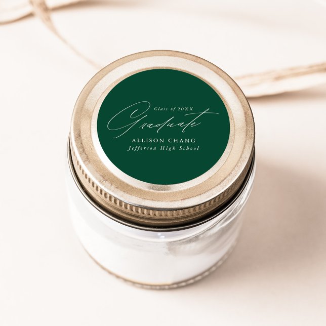 Elegant Minimalist Script Green Graduation Classic Round Sticker (Creator Uploaded)