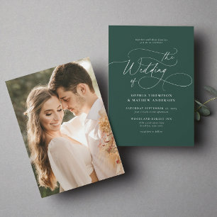Elegant Minimalist Script Green Photo Wedding Invitation