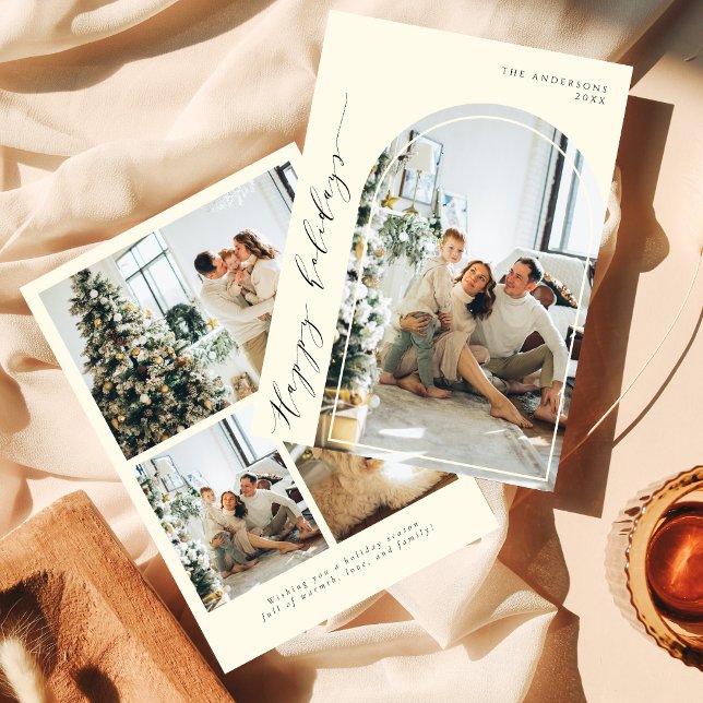 Elegant Minimalist Script Happy Holidays 5 Photo  Holiday Card (Creator Uploaded)