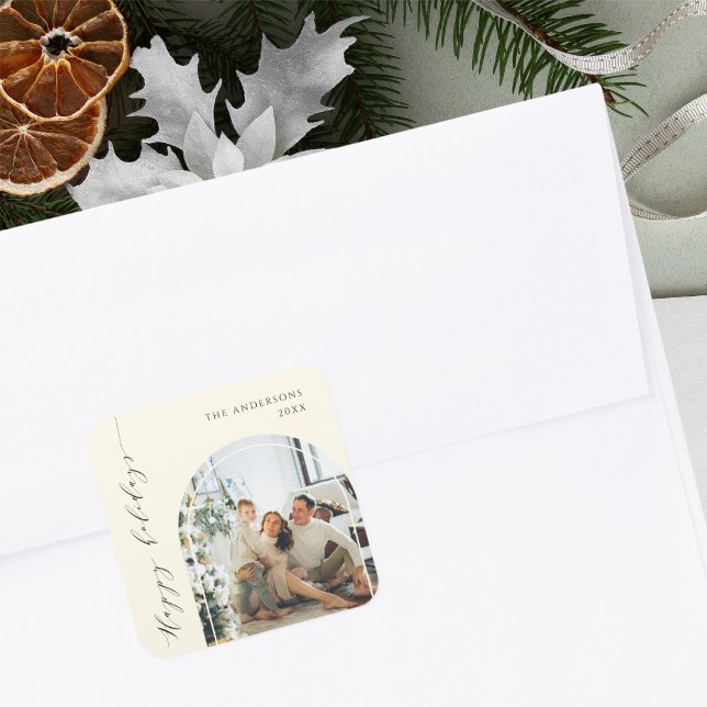 Elegant Minimalist Script Happy Holidays Photo Square Sticker (Creator Uploaded)