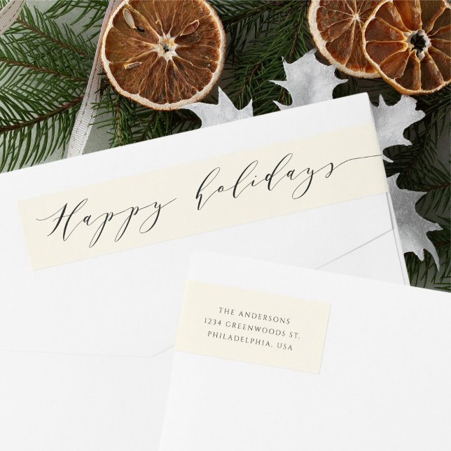 Elegant Minimalist Script Happy Holidays Wrap Around Label (Creator Uploaded)
