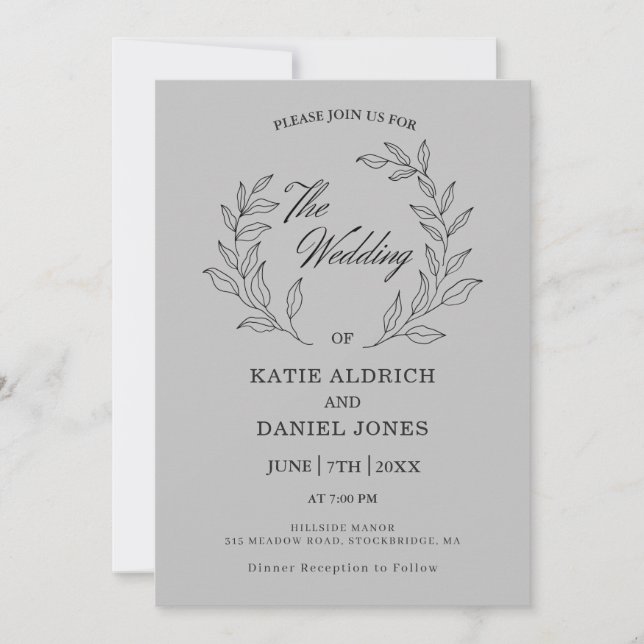 Elegant Minimalist Script Leaf Wedding Light Grey Invitation (Front)