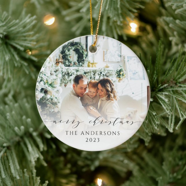Elegant Minimalist Script Merry Christmas Photo Ceramic Tree Decoration (Tree)