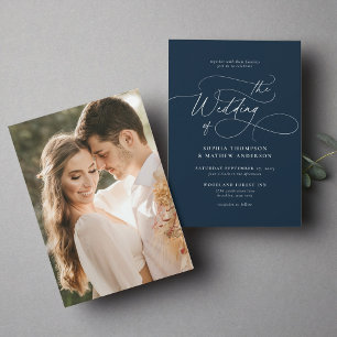 Elegant Minimalist Script Navy Blue Photo Wedding Invitation