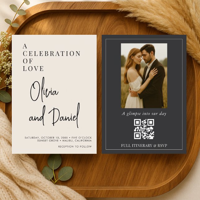 Elegant Minimalist Script Photo QR Code Wedding Invitation (Creator Uploaded)