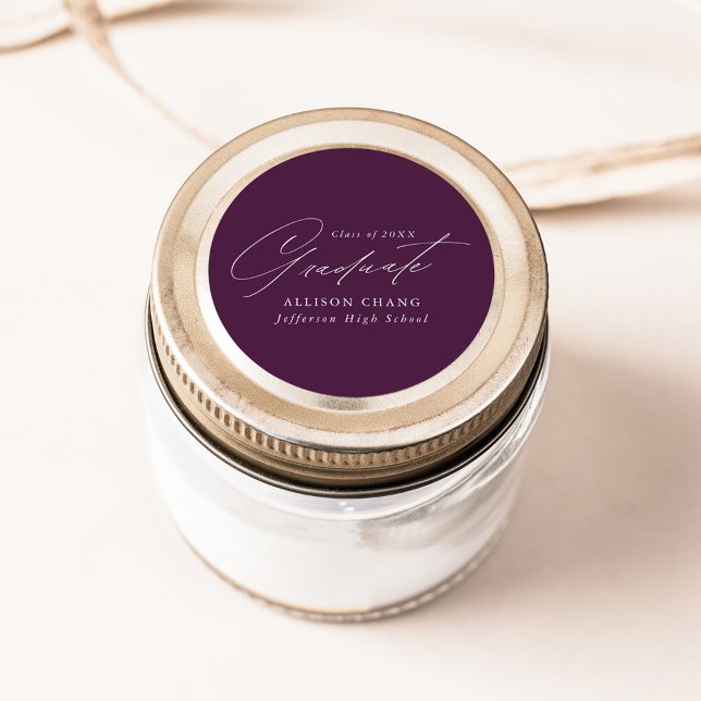 Elegant Minimalist Script Purple Graduation Classic Round Sticker (Creator Uploaded)