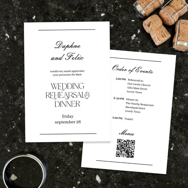 Elegant Minimalist Script Rehearsal Dinner Invitation (Ultra minimalist black & white rehearsal dinner invite with chic typography by Darling & May)