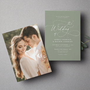 Elegant Minimalist Script Sage Green Photo Wedding Invitation