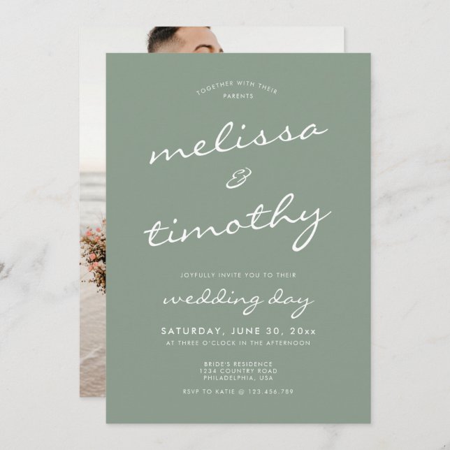 Elegant Minimalist Script Sage Green Wedding Invitation (Front/Back)