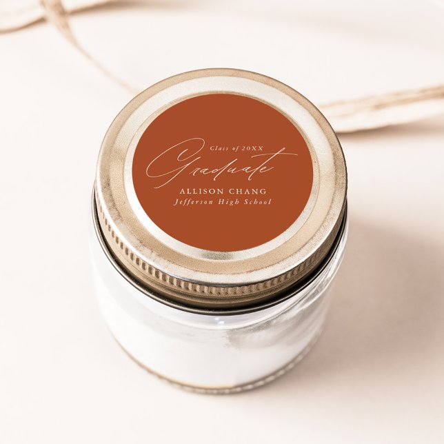 Elegant Minimalist Script Terracotta Graduation Classic Round Sticker (Creator Uploaded)
