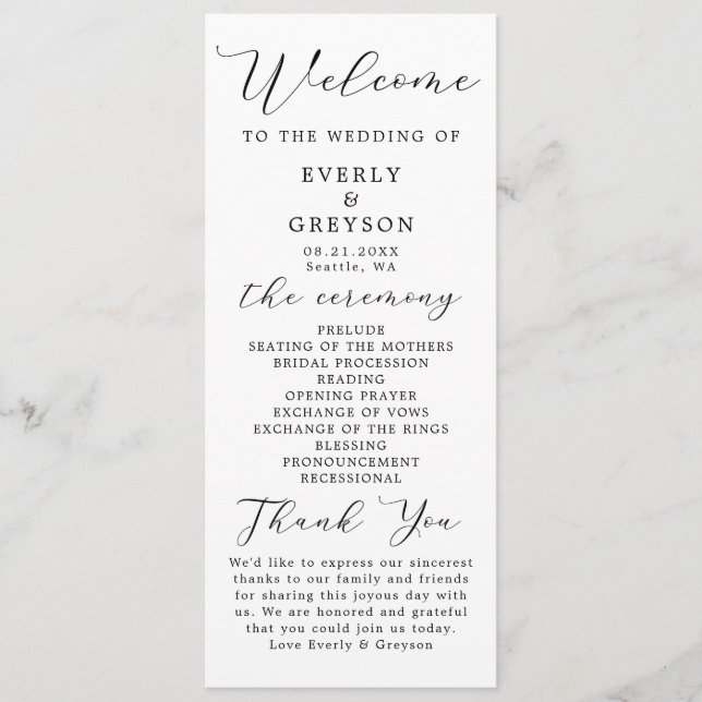 Elegant Minimalist Script Wedding Ceremony Programme (Front)