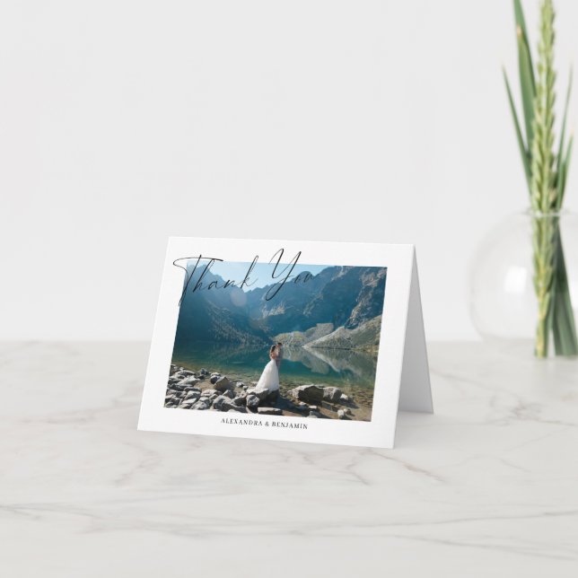 Elegant Minimalist Script Wedding Photo Folded Thank You Card (Front)